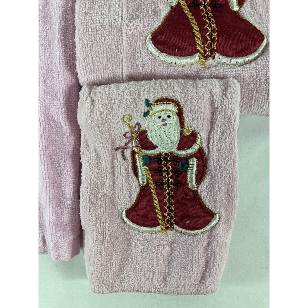 Vtg Christmas Santa Towels Pink Bath & Hand Towel & Washcloth Made In Thailand